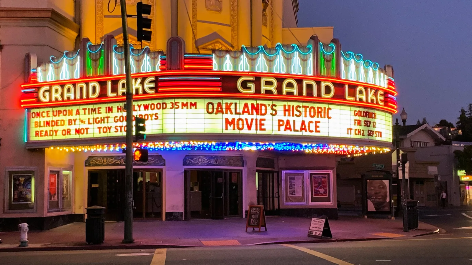 Illuminated Grand Lake Theater marquee in Oakland at night