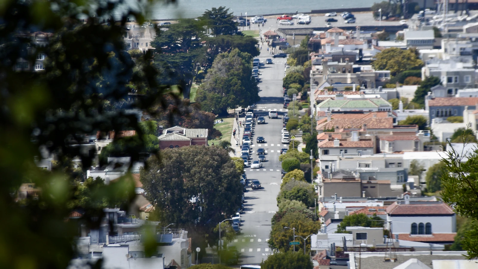 A San Francisco residential street descending toward the bay.